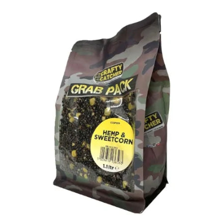 Crafty Catcher carp bait hemp sweet corn mix in a camo grab pack bag with 1.1 litre capacity