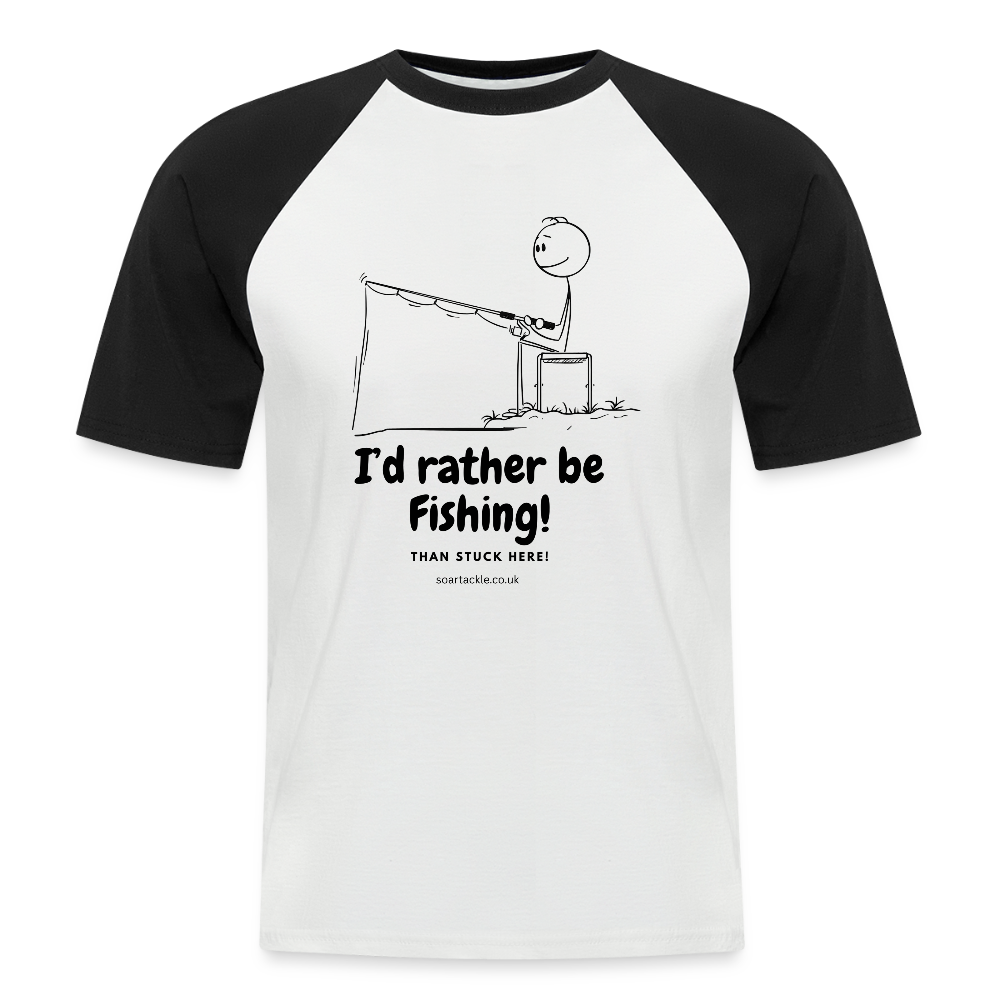 Fishing slogan men's baseball t-shirt featuring a humorous design with a stick figure fishing