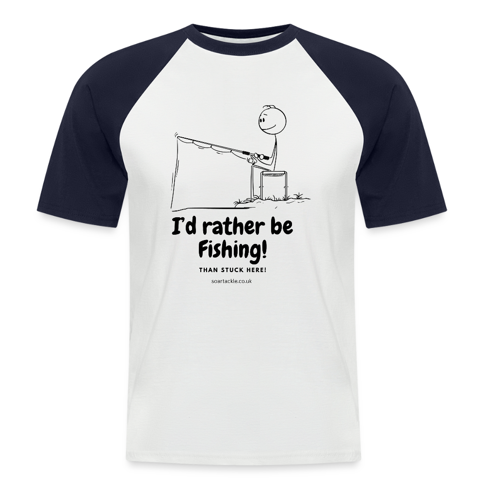 Fishing slogan men's baseball t-shirt featuring a cartoon of a person fishing with the text I'd rather be fishing