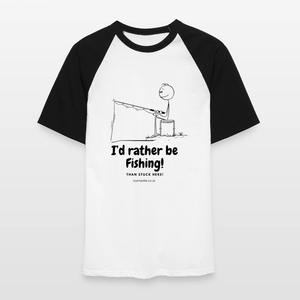 Fishing slogan men's baseball t-shirt with a humorous fishing graphic in black and white design