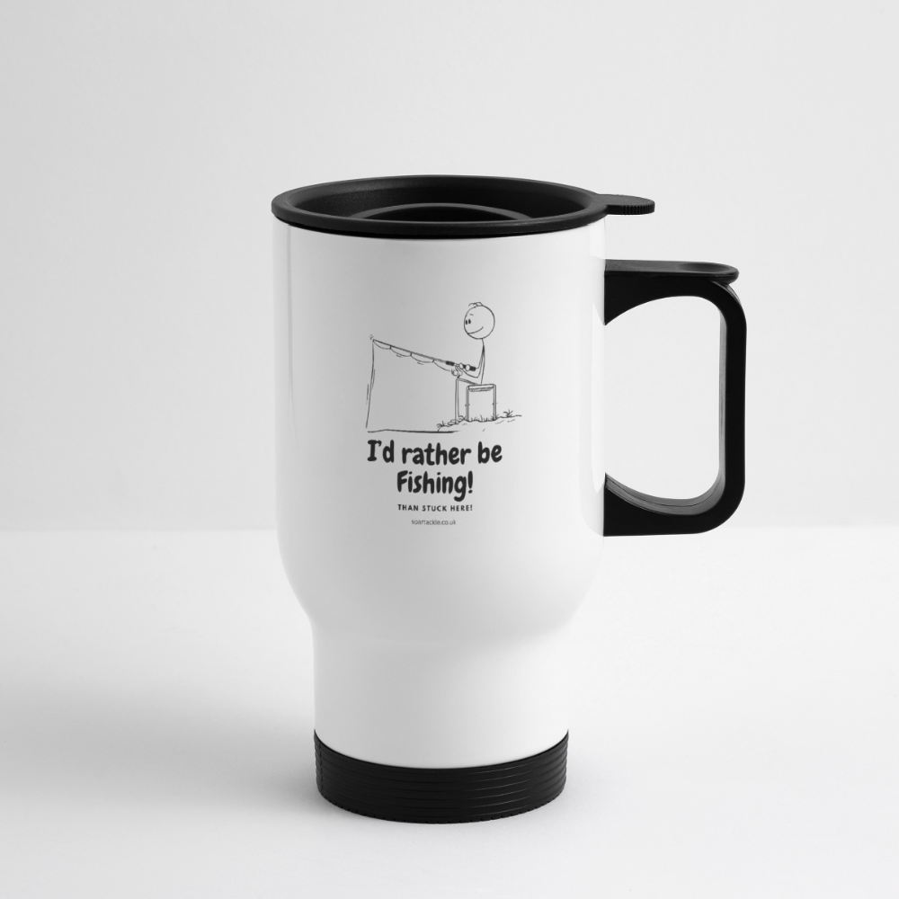 White fishing travel mug with humorous I’d rather be fishing design and a black handle
