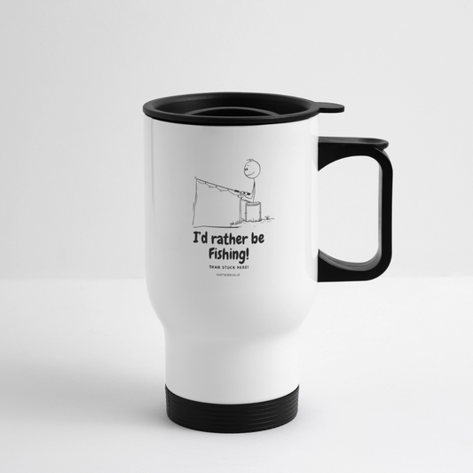 White fishing travel mug with humorous I’d rather be fishing design and a black handle