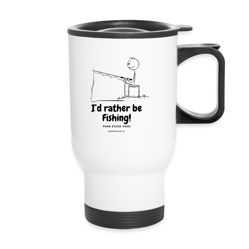 Fishing travel mug featuring a humorous fishing design with the text I'd rather be Fishing