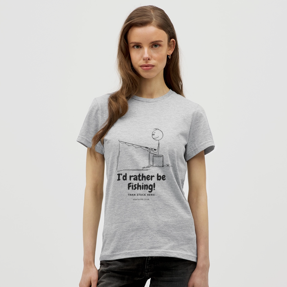 Grey women's t-shirt with a humorous fishing graphic, ideal as funny fishing gifts for female anglers