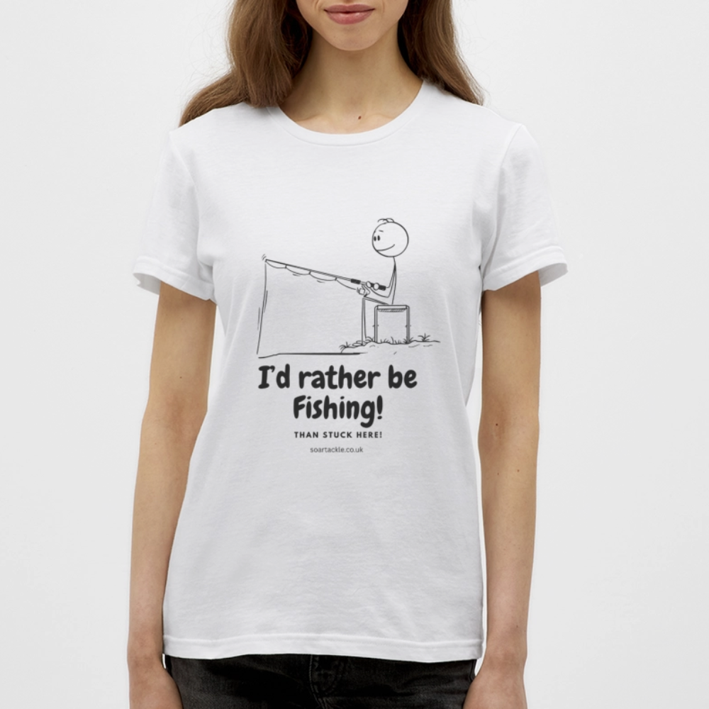 White women's t-shirt with a humorous fishing graphic, great as funny fishing gifts for female anglers