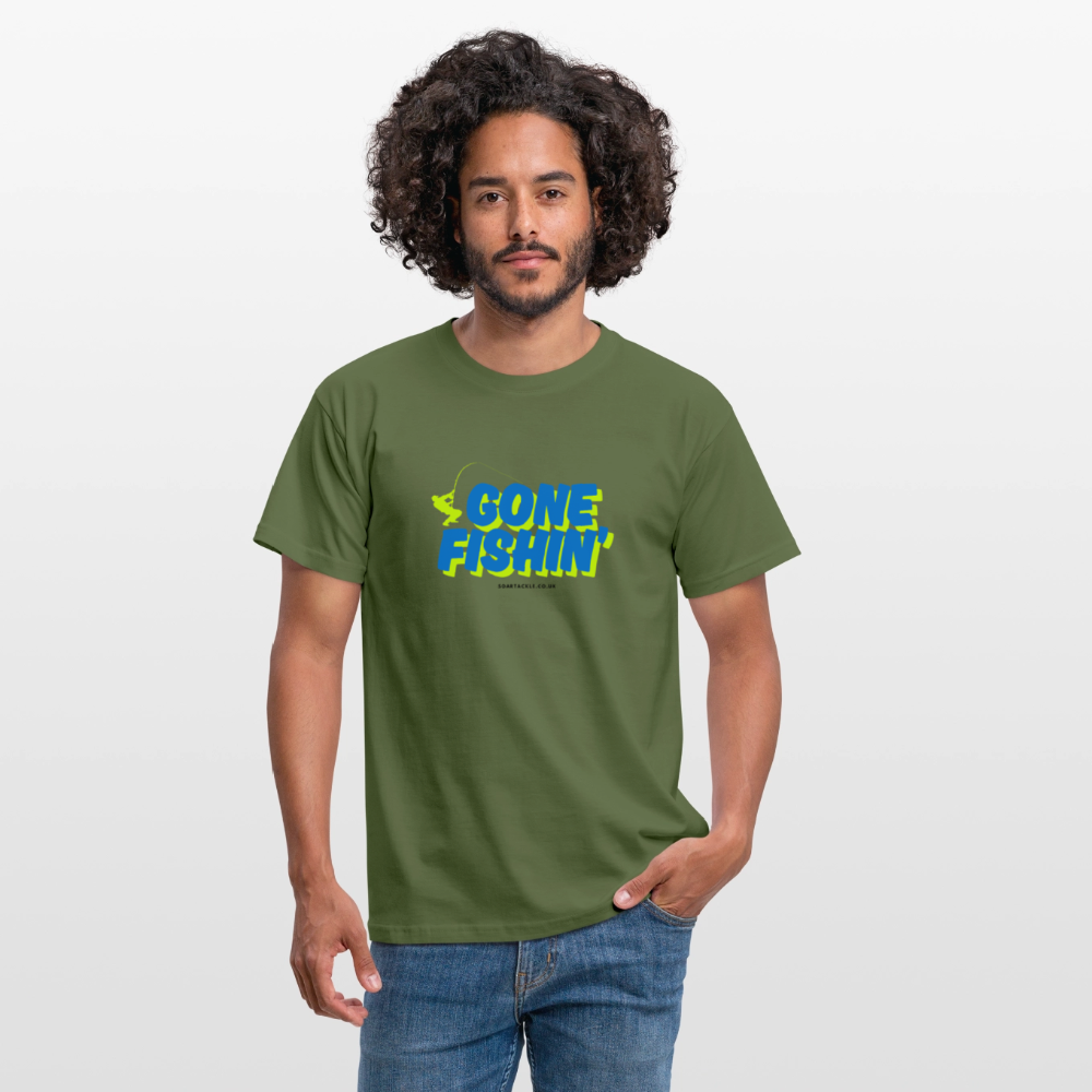 Men's Gildan Olive Green Gone Fishing Slogan T-Shirt for Fishing Enthusiasts