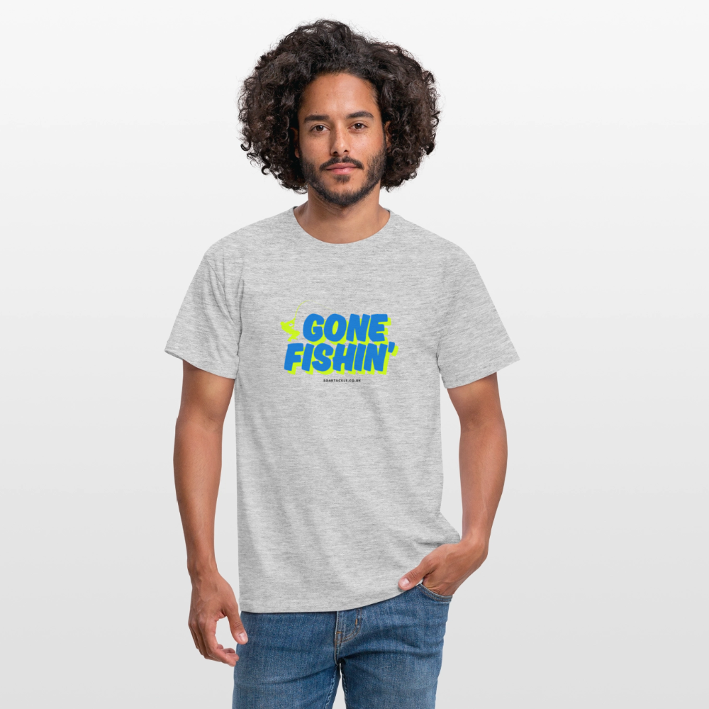 Grey Gildan Men's T-Shirt featuring a vibrant gone fishing slogan t-shirt design
