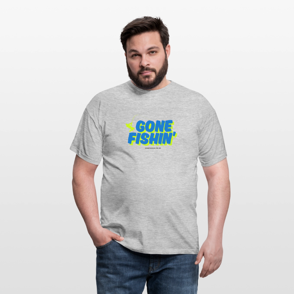 Men's Gildan grey gone fishing slogan t-shirt with vibrant text for fishing enthusiasts