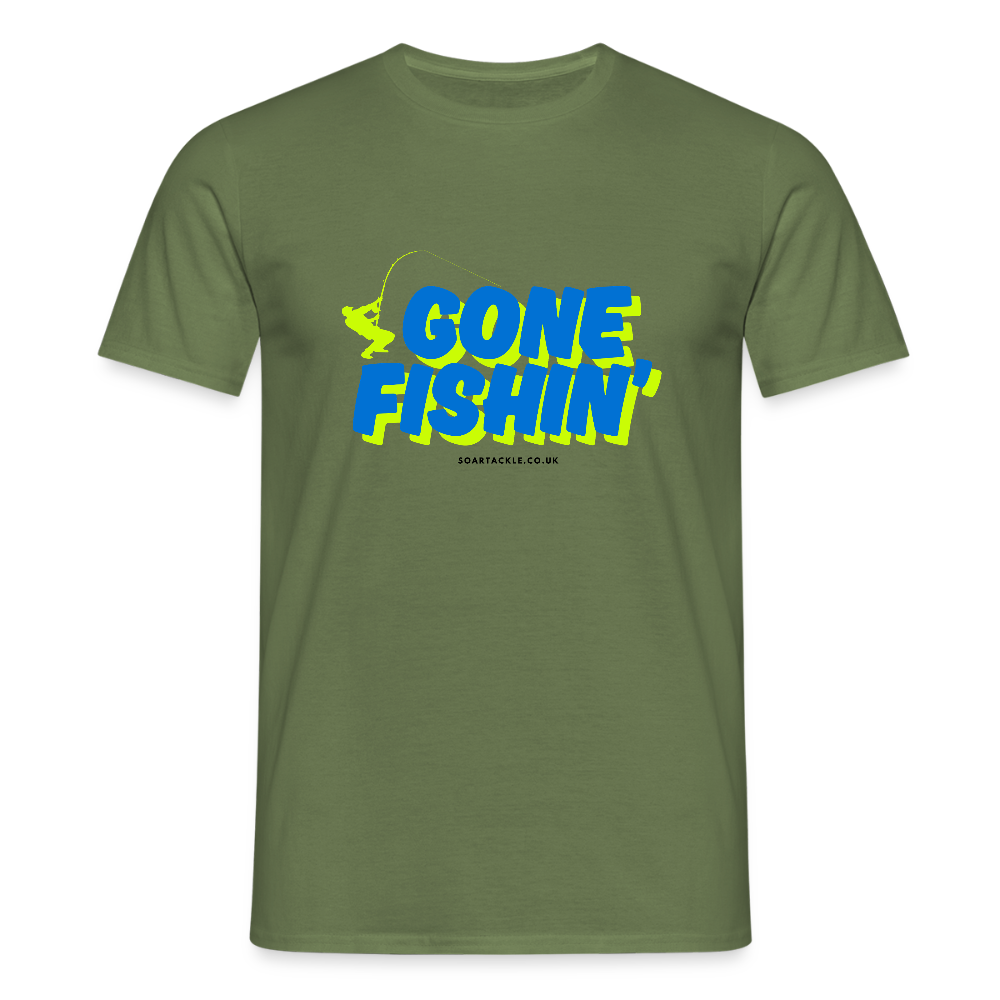 Men's Gildan T-Shirt in Olive Green with Gone Fishing slogan print for fishing enthusiasts