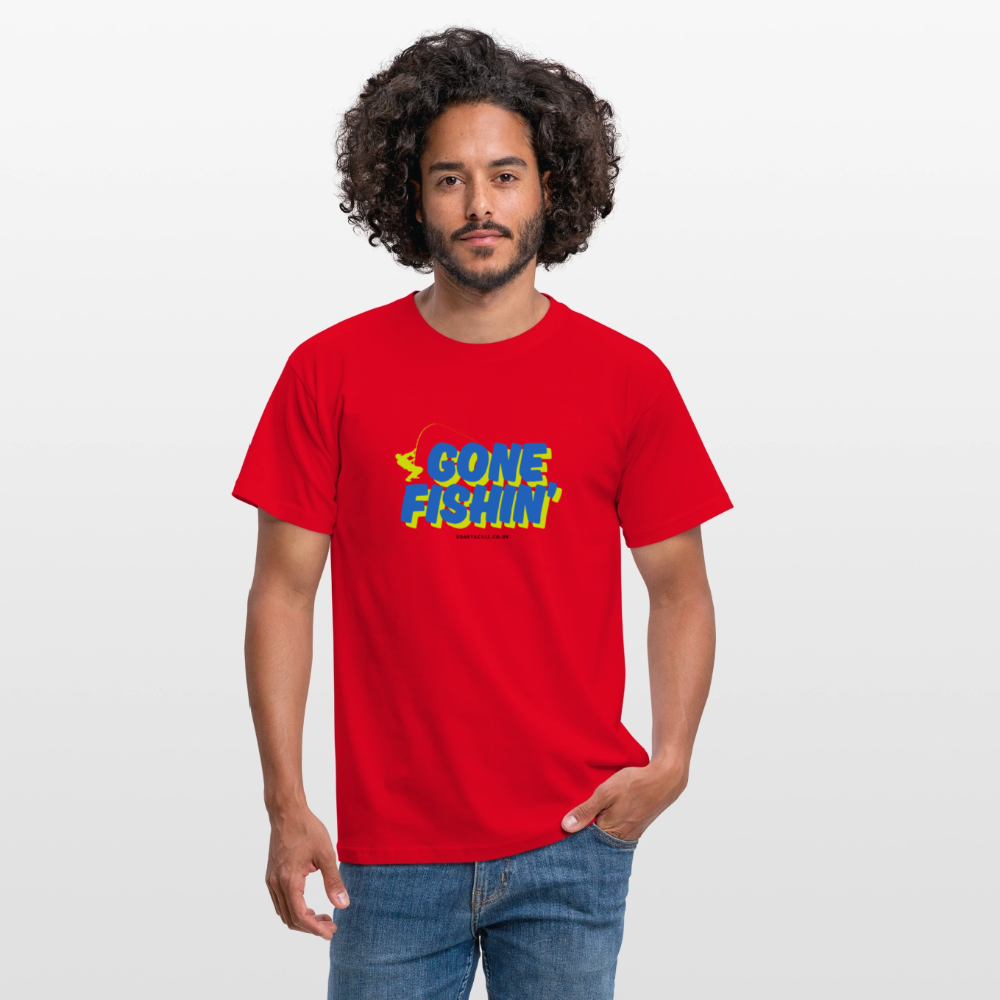 Men's Gildan Gone Fishing slogan t-shirt in red with bold lettering for fishing enthusiasts