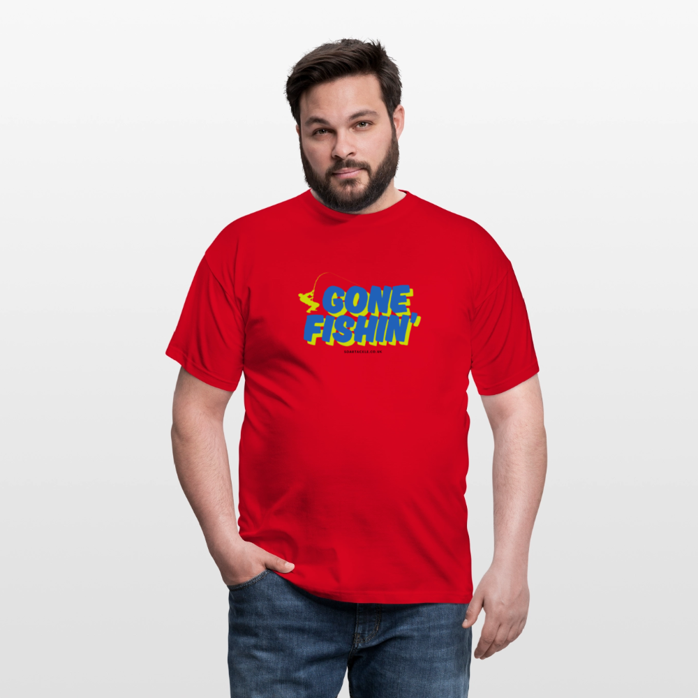 Red Gildan Men's T-Shirt featuring a bright gone fishing slogan t-shirt design