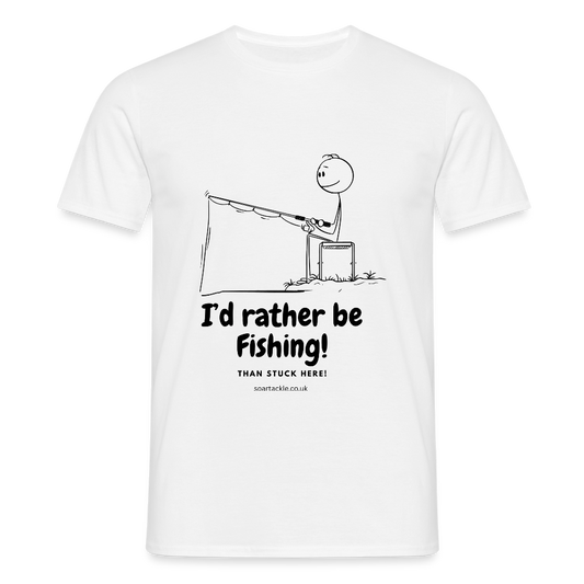 White Gildan Men's T-Shirt with I'd rather be fishing t-shirt graphic and stick figure illustration