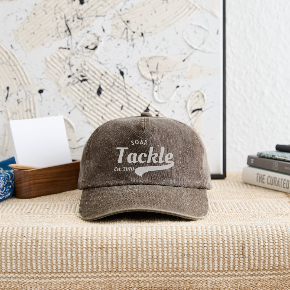 Relaxed vintage cap in faded brown with Soar Tackle logo on front ST Vintage Style Cap for anglers.