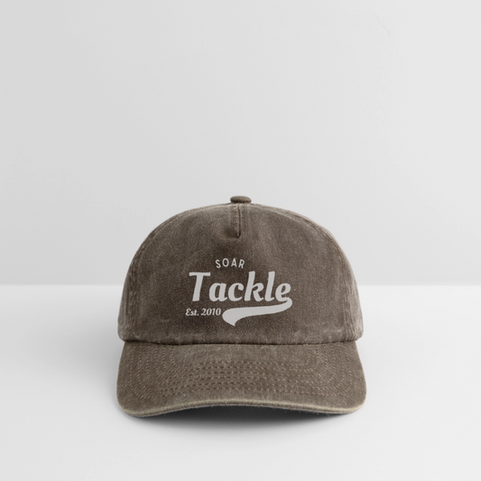 Relaxed vintage cap brown washed with white Tackle logo Est 2010 and ST Vintage Style Cap for anglers.
