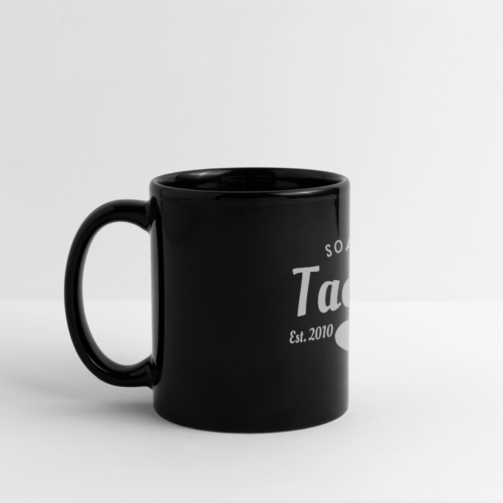 Full Color Panoramic Mug glossy black ceramic with handle showing partial white logo on white background