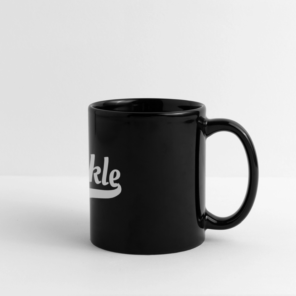 Full Color Panoramic Mug black ceramic mug with glossy finish and partial white script on white background