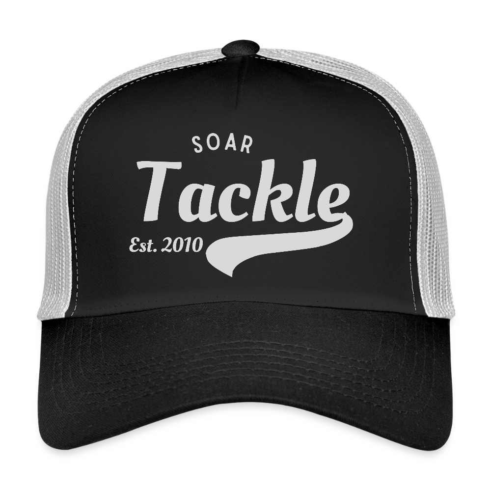 Black Beechfield trucker cap with white mesh back and vintage Soar Tackle Est 2010 logo retro fishing cap