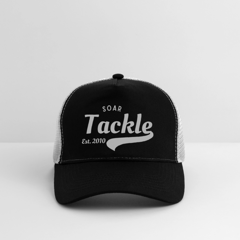 Beechfield trucker cap with Soar Tackle logo black front white mesh retro fishing cap