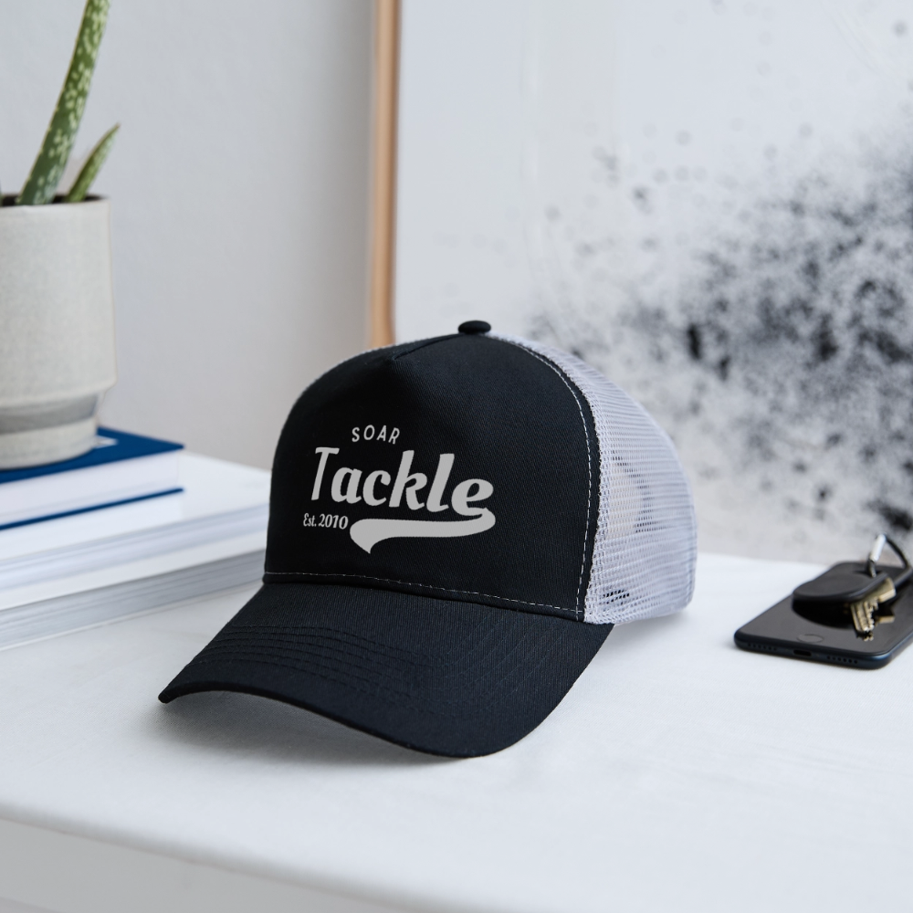 Beechfield black and white trucker cap with mesh back and Soar Tackle logo retro fishing cap
