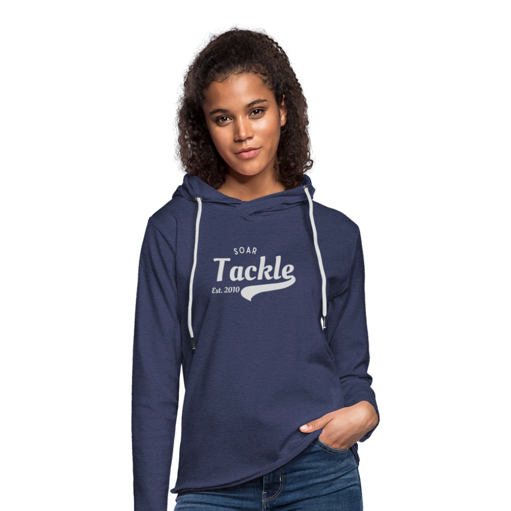Model wearing navy light unisex sweatshirt hoodie with white Soar Tackle logo retro style fishing hoodie