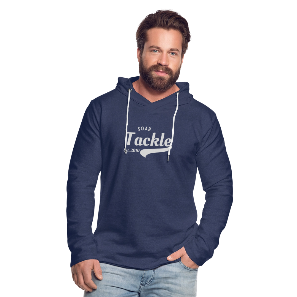 Spreadconnect light unisex navy hoodie with white vintage tackle print worn by male model retro style fishing hoodie