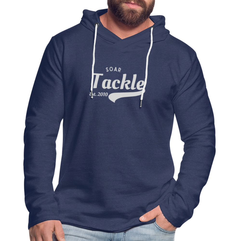 Spreadconnect navy light unisex sweatshirt hoodie with white Soar Tackle chest logo retro style fishing hoodie
