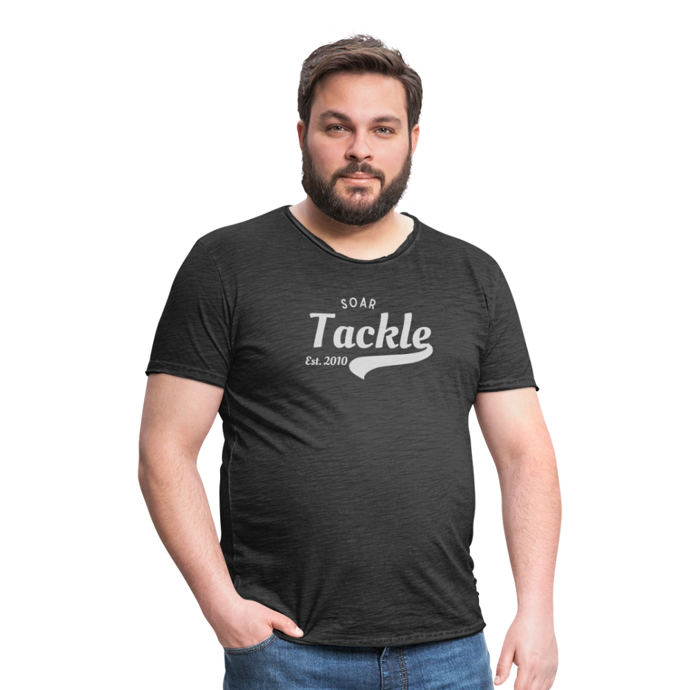 Mens vintage t shirt with Soar Tackle logo in white on charcoal worn by model unique gift for anglers