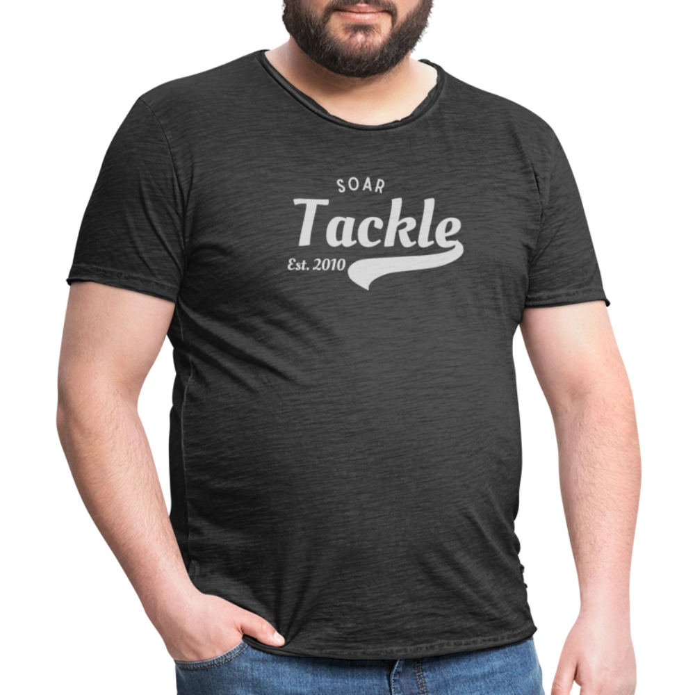 Mens vintage t shirt charcoal with white Soar Tackle Est 2010 logo on front model wearing unique gift for anglers