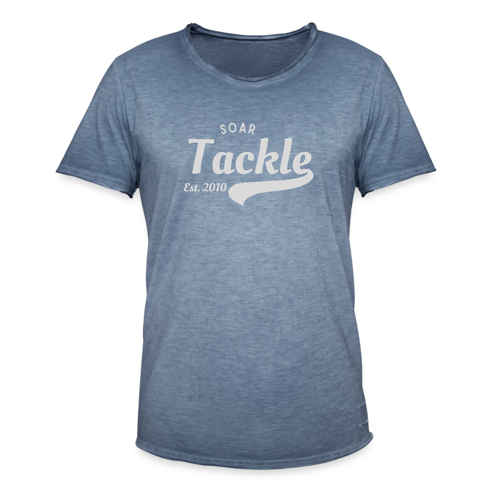Mens vintage blue t shirt with white Soar Tackle Est 2010 print ideal unique gift for anglers