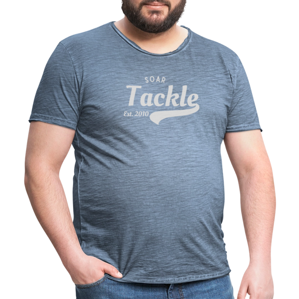 Mens vintage Soar TackleT shirt by Spreadconnect faded blue Tackle print on model unique gift for anglers