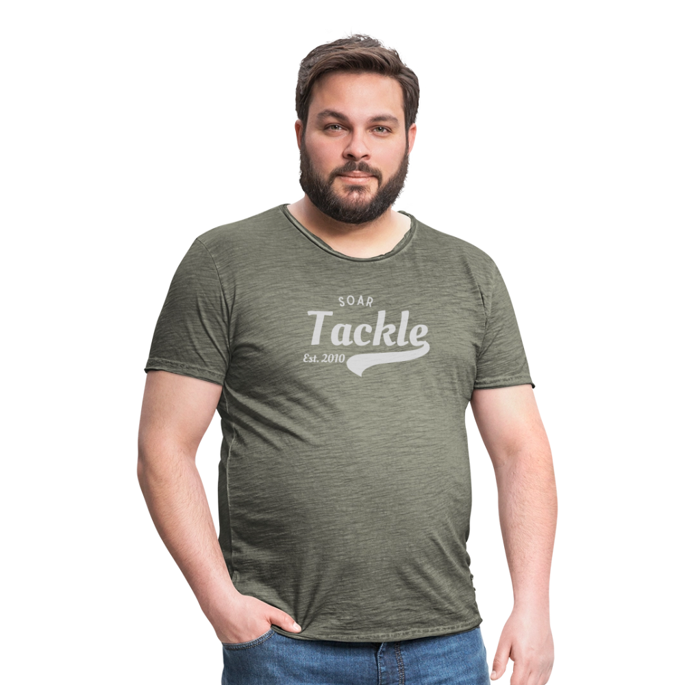 Mens vintage t shirt olive green with Soar Tackle fishing print on model against black background unique gift for anglers
