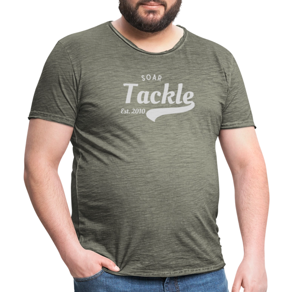 Mens vintage olive green T shirt with white Soar Tackle logo ideal unique gift for anglers