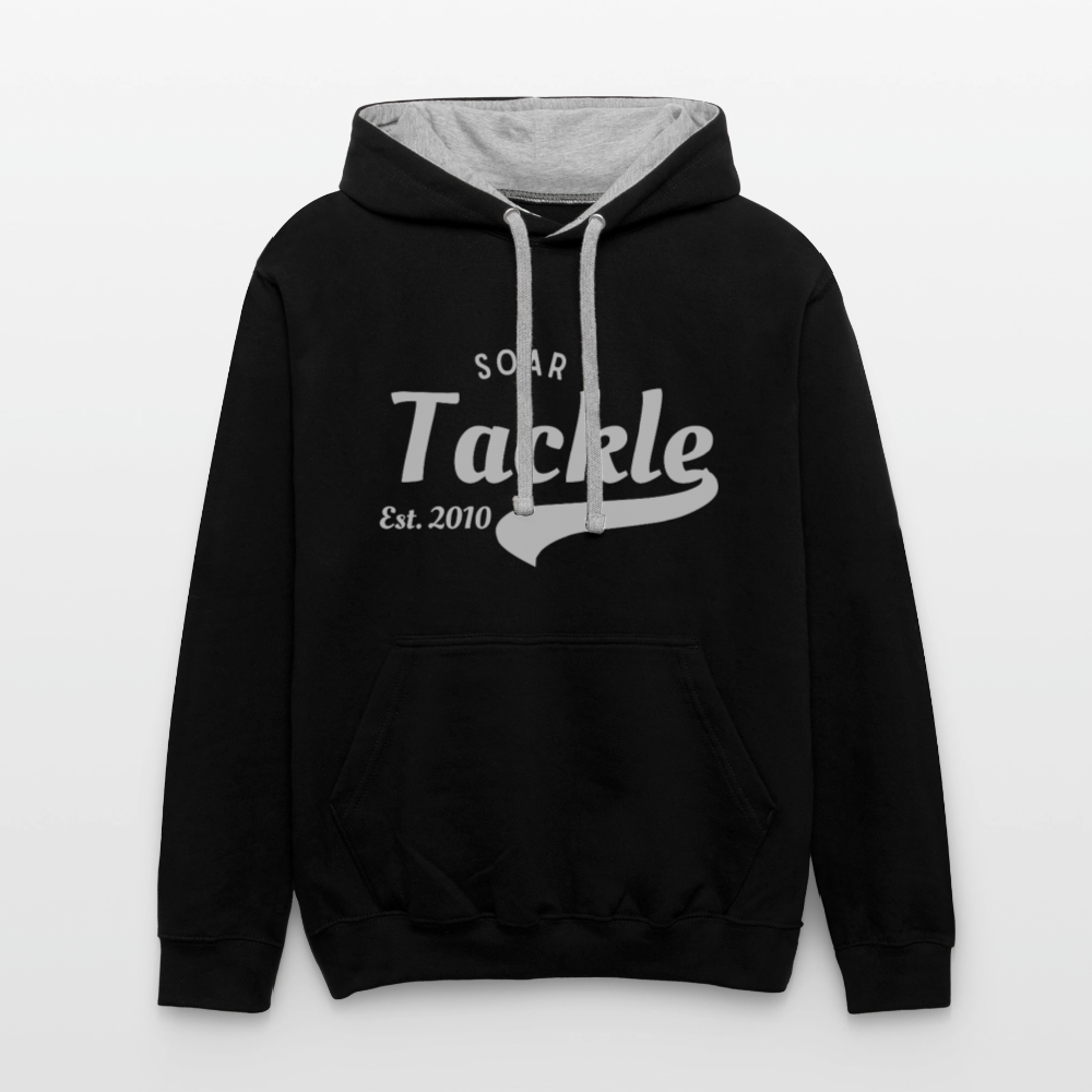 unisex coarse fishing sweatshirt black contrast hoodie with grey inner hood grey drawstrings and Soar Tackle front print