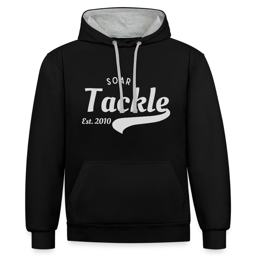 Black Contrast Colour Hoodie AWDis Just Hoods with white Soar Tackle logo and grey lined hood unisex coarse fishing sweatshirt