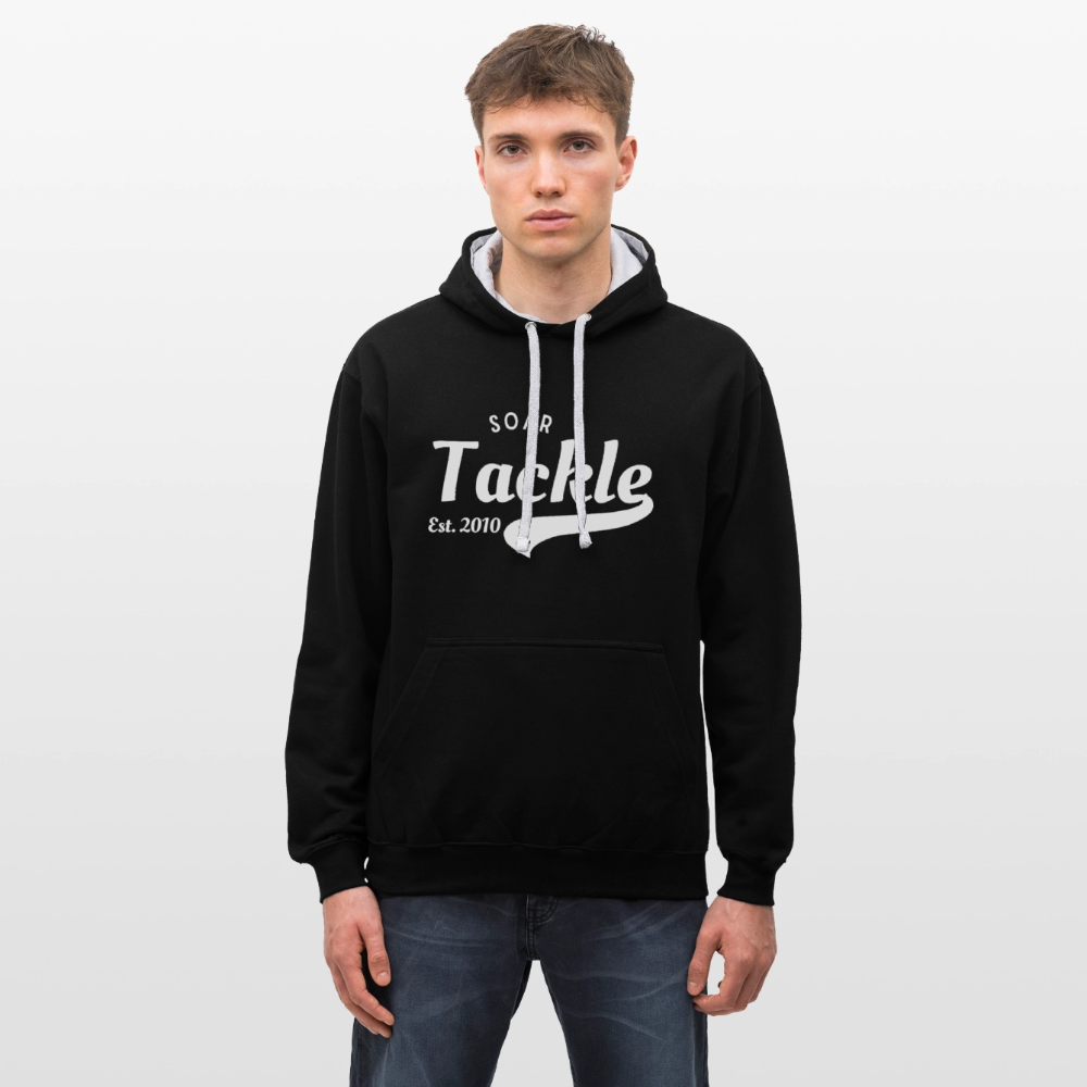 Man wearing black contrast hoodie with white drawstrings and Soar Tackle print unisex coarse fishing sweatshirt