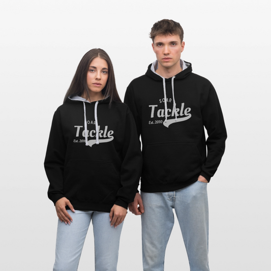 Black contrast hoodie with grey inner hood white drawcords Tackle logo modelled by two models unisex coarse fishing sweatshirt