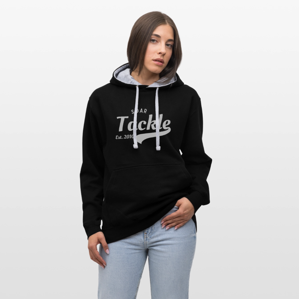 unisex coarse fishing sweatshirt black contrast hoodie with grey inner hood white drawcords and Soar Tackle print