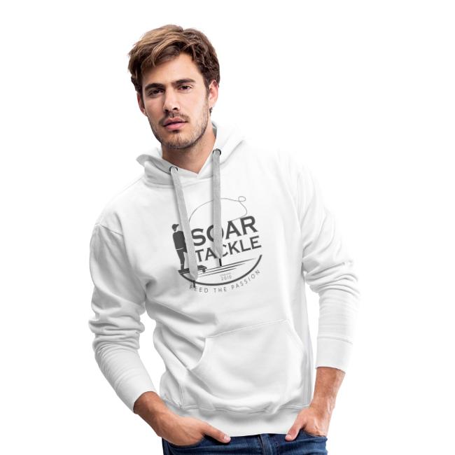 Male model wearing white hoodie with Soar Tackle branded apparel logo for fishing merch collection