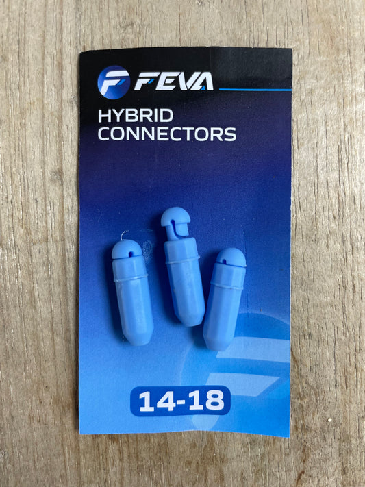 A package of FEVA Hybrid Connectors, size 14-18, containing three light blue pole electric connector 