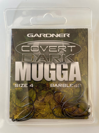 Gardner covert dark mugga hooks size 4 barbless at Soar Tackle