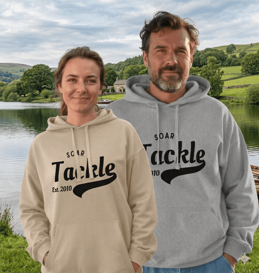 Soar Tackle unisex hoodies with retro style logo on the front