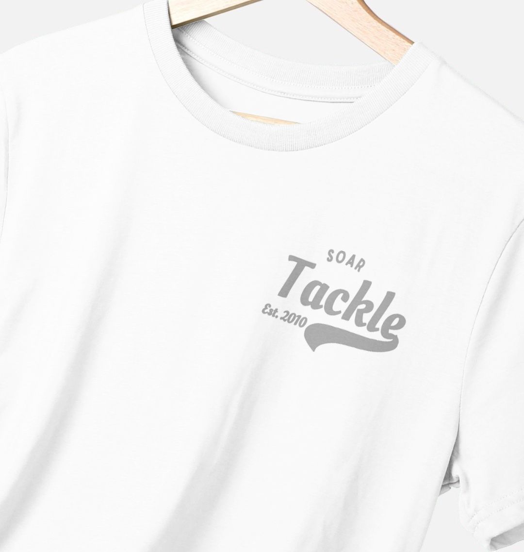 White t-shirt with 'Soar Tackle' retro logo on a hanger