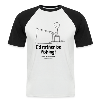 Fishing slogan men's baseball t-shirt featuring a humorous design with a stick figure fishing
