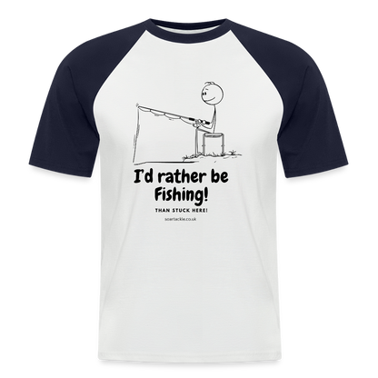 Fishing slogan men's baseball t-shirt featuring a cartoon of a person fishing with the text I'd rather be fishing