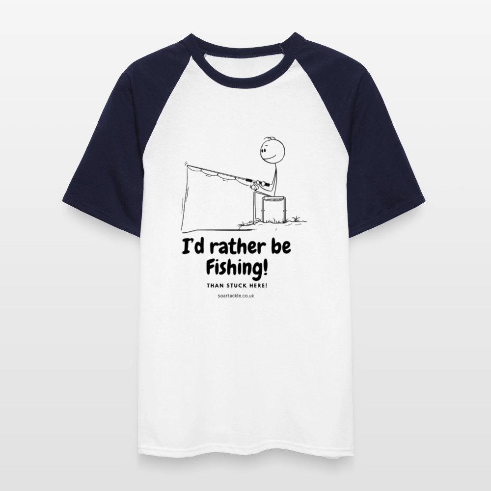 Fishing slogan men's baseball t-shirt with a humorous graphic and contrasting sleeves