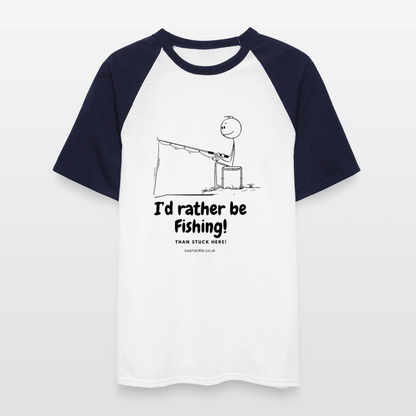 Fishing slogan men's baseball t-shirt with a humorous graphic and contrasting sleeves