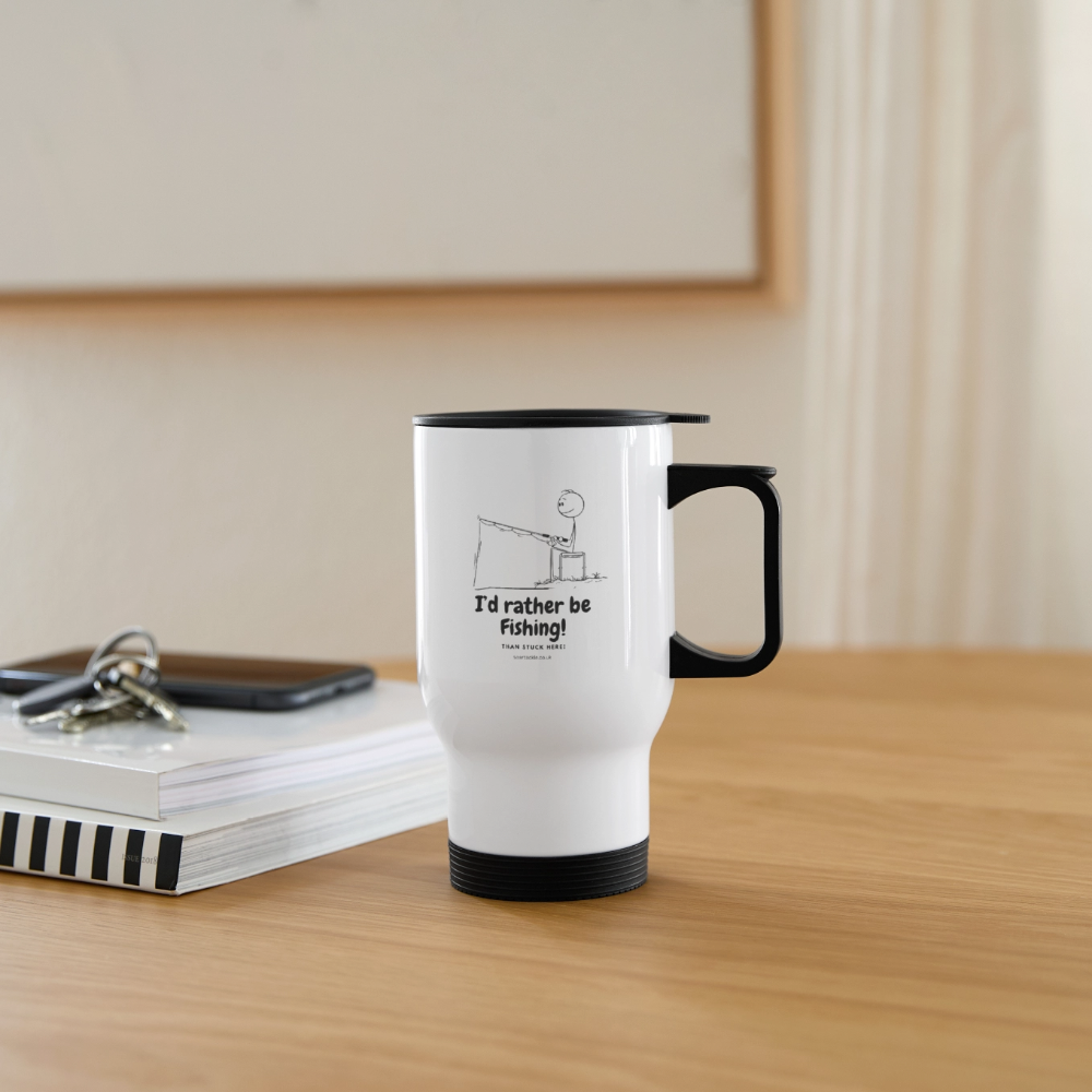 White fishing travel mug featuring the phrase I'd rather be fishing with a black lid and handle