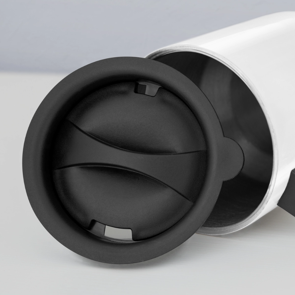 Close-up of a black lid on a stainless steel fishing travel mug for outdoor enthusiasts