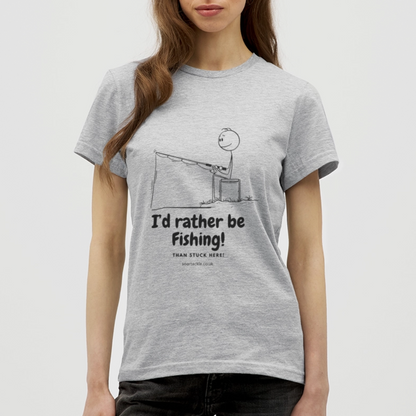 Grey women's t-shirt with a humorous fishing design, ideal for funny fishing gifts for female anglers