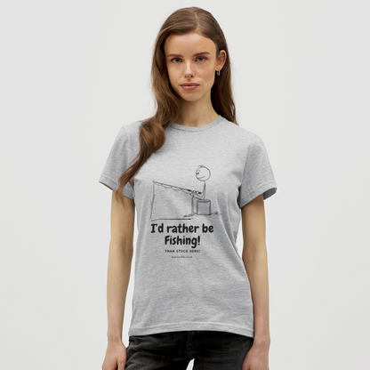 Grey women's t-shirt with a humorous fishing graphic, ideal as funny fishing gifts for female anglers